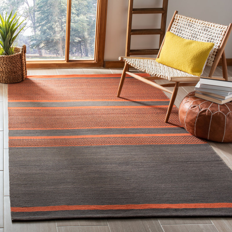 Amerina Kilim Hand Woven Flat Weave Wool/Cotton Striped Rug in Orange/Gray, Rectangle 9' x 12'