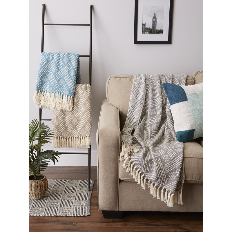 Gray Cotton Basketweave Throw Blanket with Fringe, 50x60