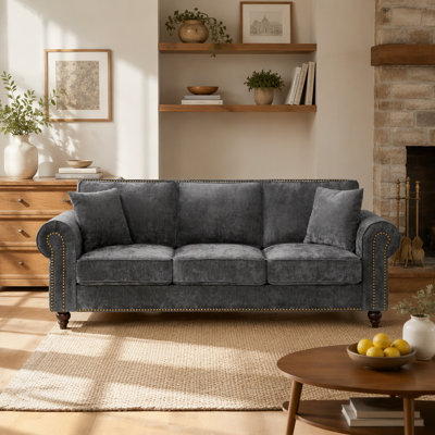 86" Modern 3-Seater Sofa with Rolled Arms,Chenille Upholstered Couch with Wood Legs and Nailhead Trim for Living Room, Apartment