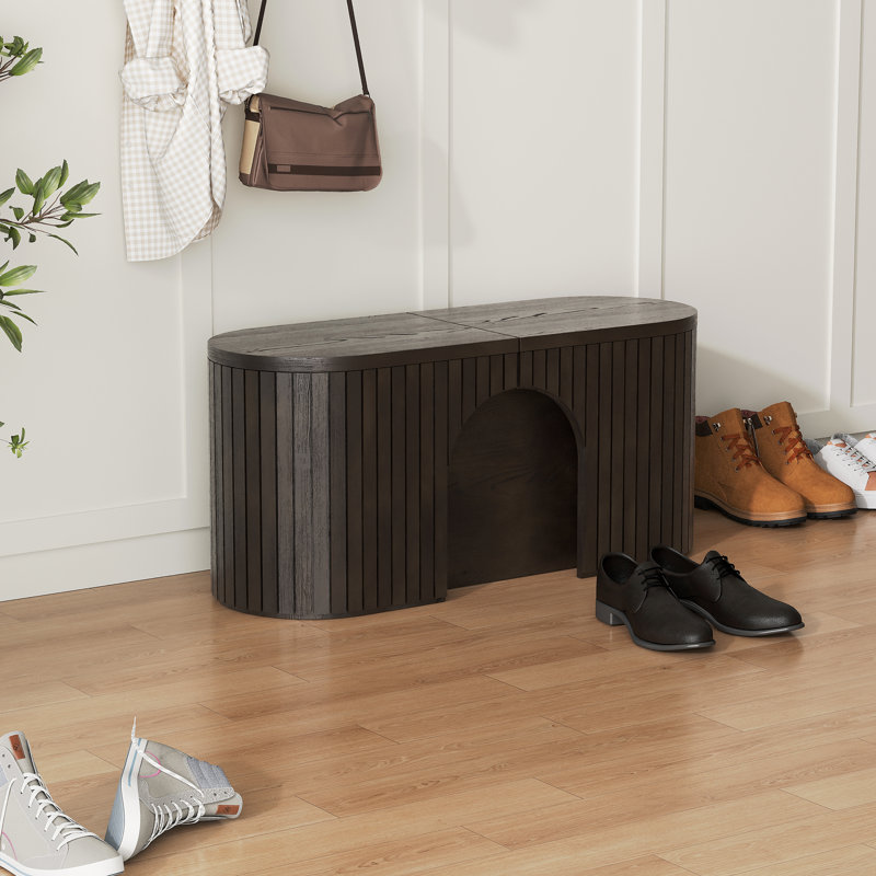  Extendable Solid Wood Bench, Modern 40" - 98" Fluted Entryway Bench with Hidden Extension