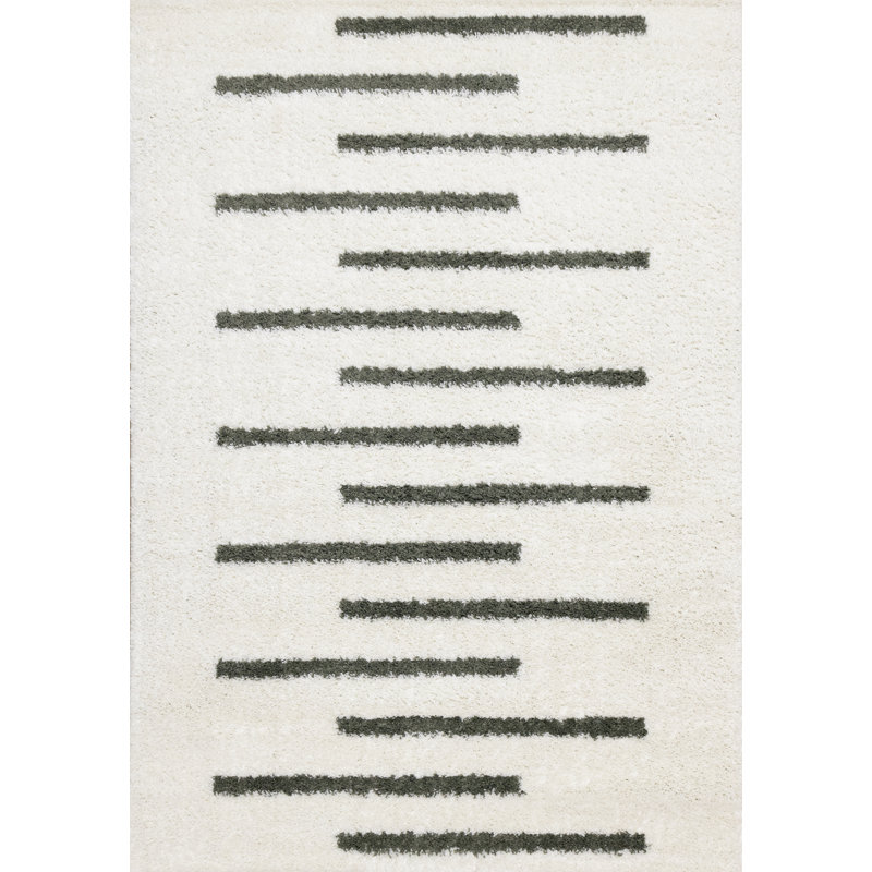 Wassily Striped White Green Shag Area Rug, Rectangle 6'7" x 9'6"