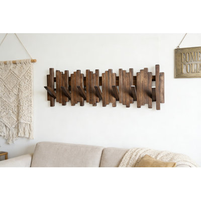 Flip Down Wall Mounted Coat Rack With 7 Hooks, Solid Acacia Wood Entryway Storage, Magnetic Flip-Up Design, French Cleat Mounting System, Hand-Rubbed Walnut Finish