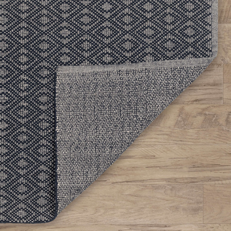 Optic Diamond Navy/Ivory Handwoven Cotton Rug, Runner 2'6" x 8'