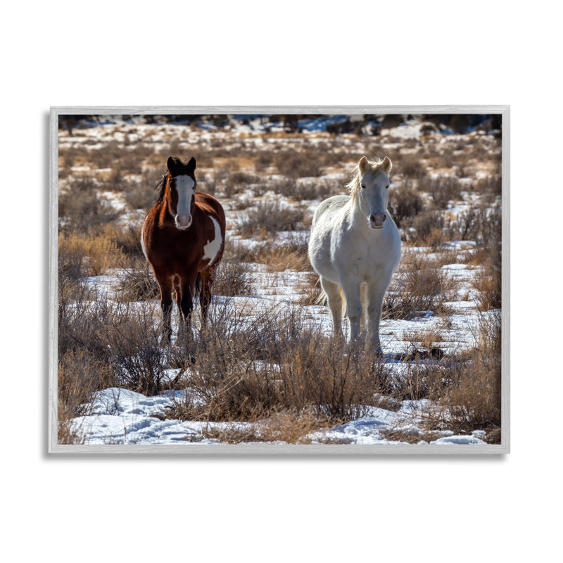 Paire de chevaux se promenant dans la prairie enneigée, giclée, ensemble d'art texturé par Jeff Poe, L 14 po x H 11 po