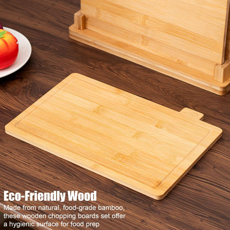 4 Pcs Bamboo Chopping Board Set with Stand, (29.97X24.38cm) Wooden Cutting Boards for Kitchen, Eco-Friendly Durable, Hygienic & Non-Slip Easy-to-Clean Kitchen Cutting Boards for Meat Vegetable & Bread