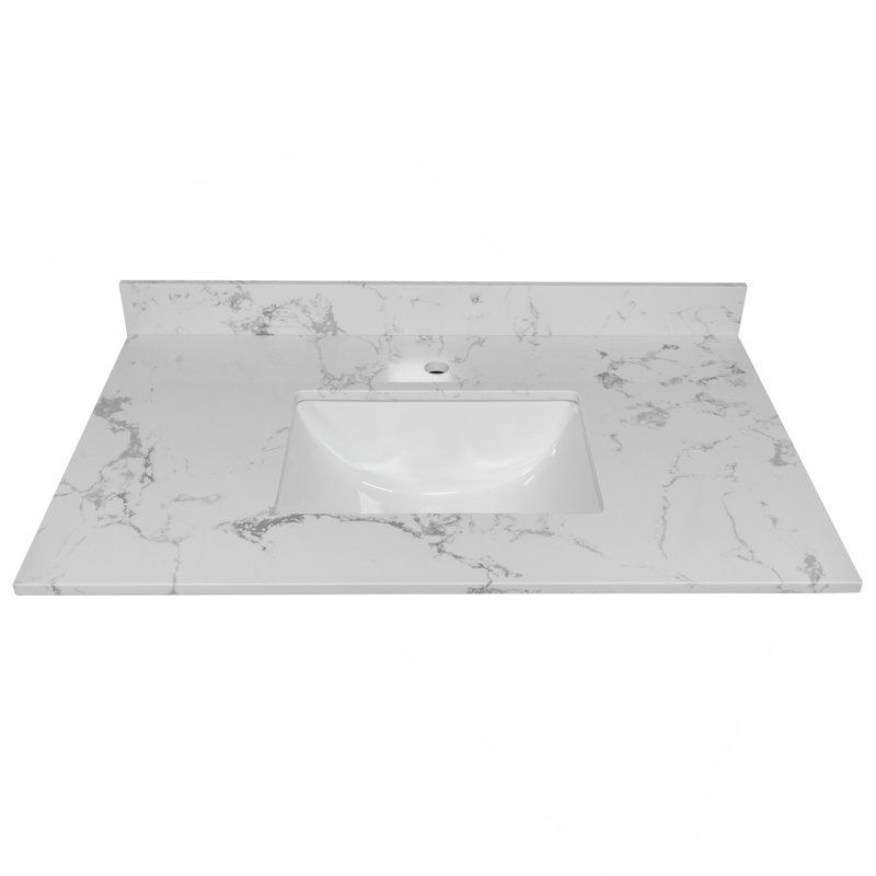 Meuble-lavabo en pierre de 31 po de couleur marbre blanc d'ingénierie avec lavabo en céramique encastré et trou de robinet simple avec dosseret