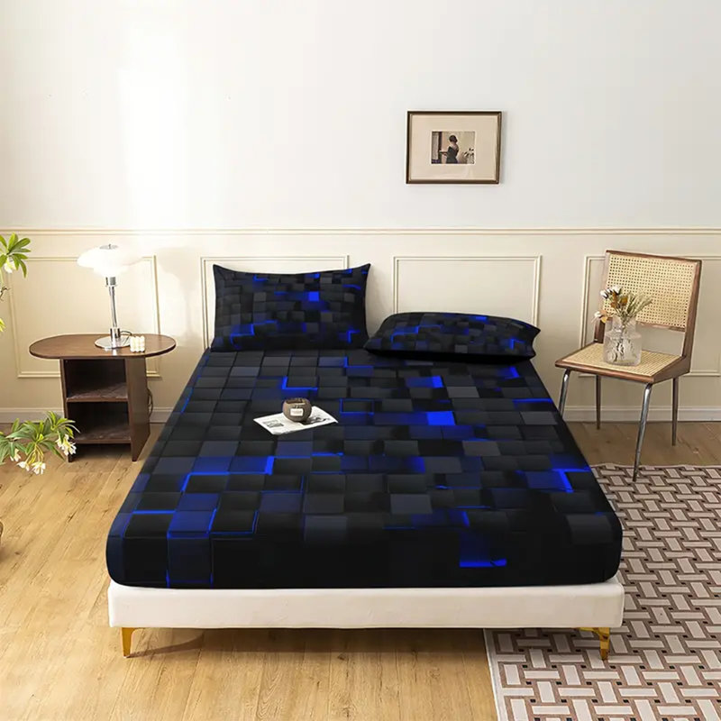 Orylavena 3D Blue Light Geometric Fitted Sheet Set, Black Cubes Digital Print Microfiber Bedding, Twin Full Queen King, No Pillow Insert Included