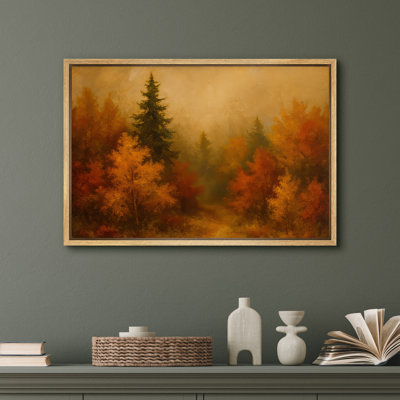 Fall Woodland Scene with Red and Yellow Foliage Tranquil Nature – Pictures Framed Canvas Print Wall Art