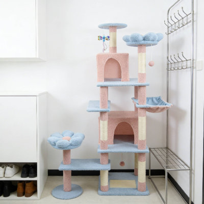 71 Inch Flower Cat Tree Blue, Large Condo Hammock Removable Cushion For Pet Cats