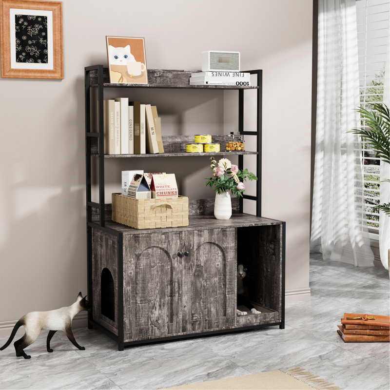 Grande armoire intérieure pour chat grise avec étagère de rangement, portes doubles et bloc-notes, structure de litière cachée
