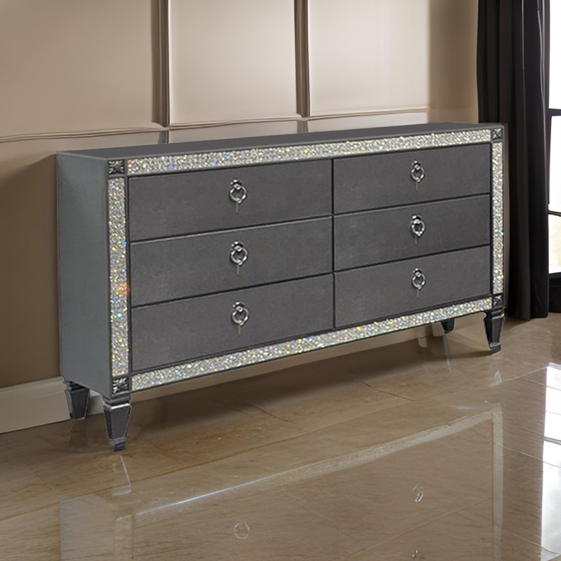 Commode large Laine, 6 tiroirs, garniture, bois massif gris