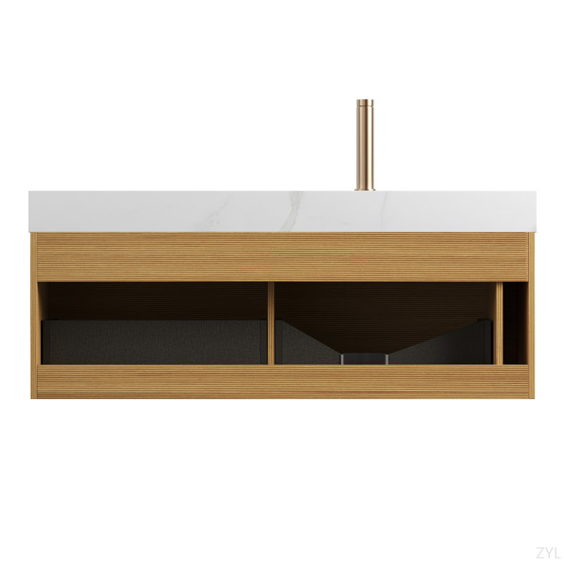 Meuble-lavabo et lavabo de salle de bain NYAH 48 po, armoire de rangement flottante en contreplaqué ultra-mince, tiroirs avec capteur de lumière, plateau en pierre frittée blanc de Carrare et lavabo encastré en céramique, pré-assemblé, grain de bois clair