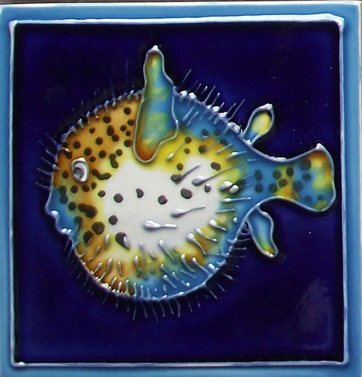 Hand Painted Ceramic Marine Puffer Fish Tile Magnet