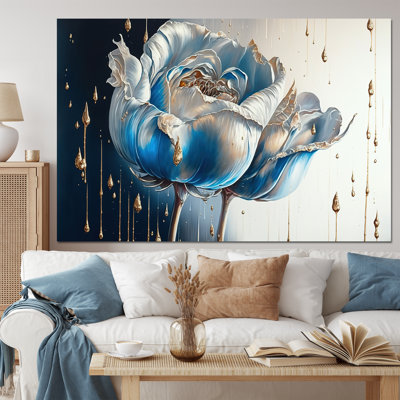 «Ice Blue and Gold Paint Drip Tulip I», art mural sur toile floral et botanique