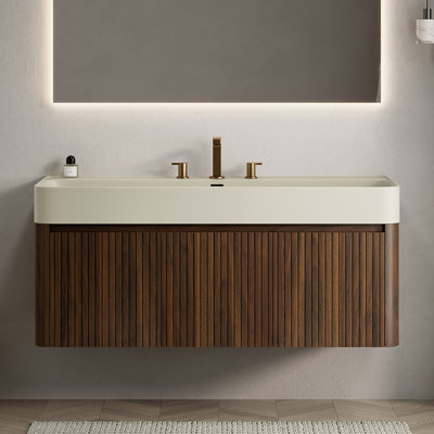 LORAN 48" Bathroom Vanity with Sink, Glossy White Solid Surface Integrated Basin, 3 Faucet Holes, Walnut Woodgrain