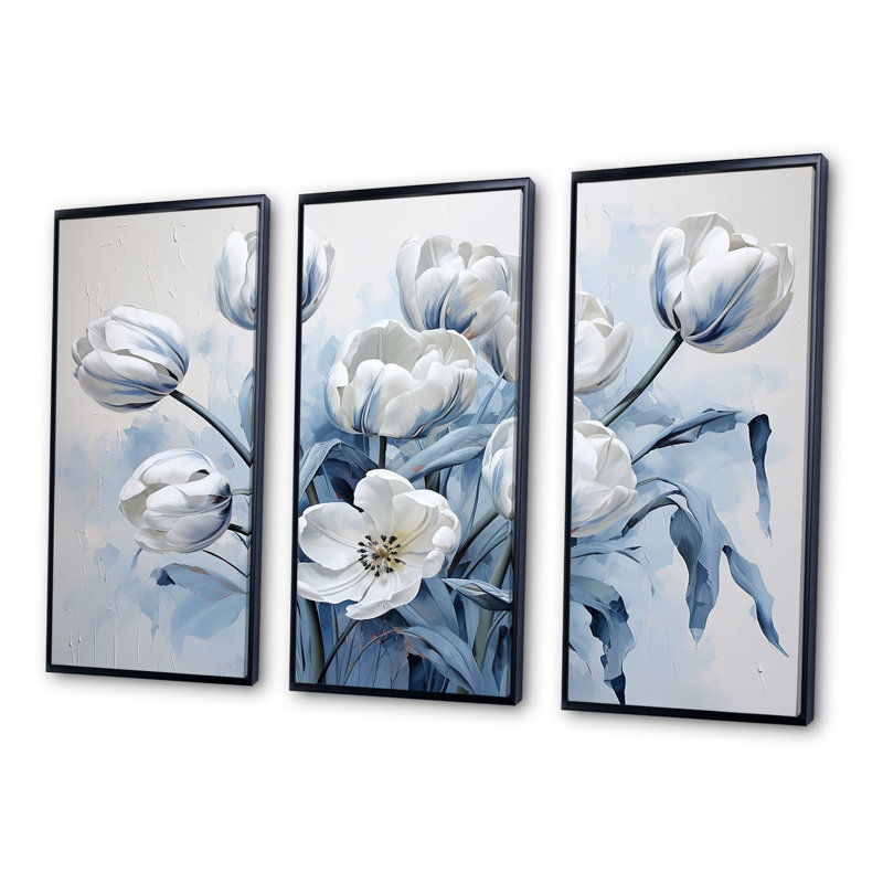 Minimalisme, tulipes bleues et blanches Brushstrokes - ensemble d'art sur toile, H 28 po x l 36 po x P 1 po