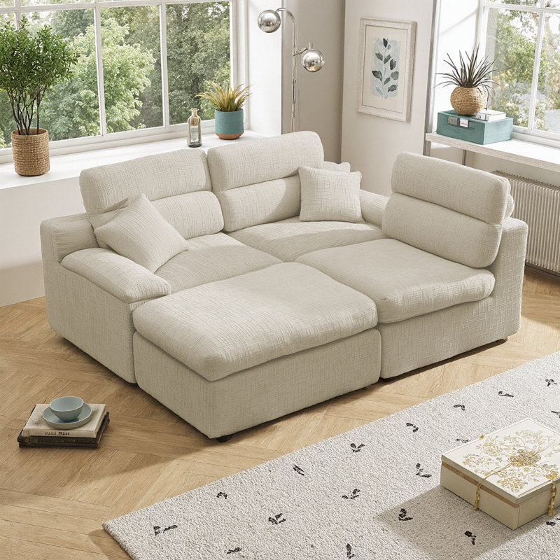 Canapé d'angle en L avec dossier haut, tissu chenille moelleux flammé, Light Sage Green