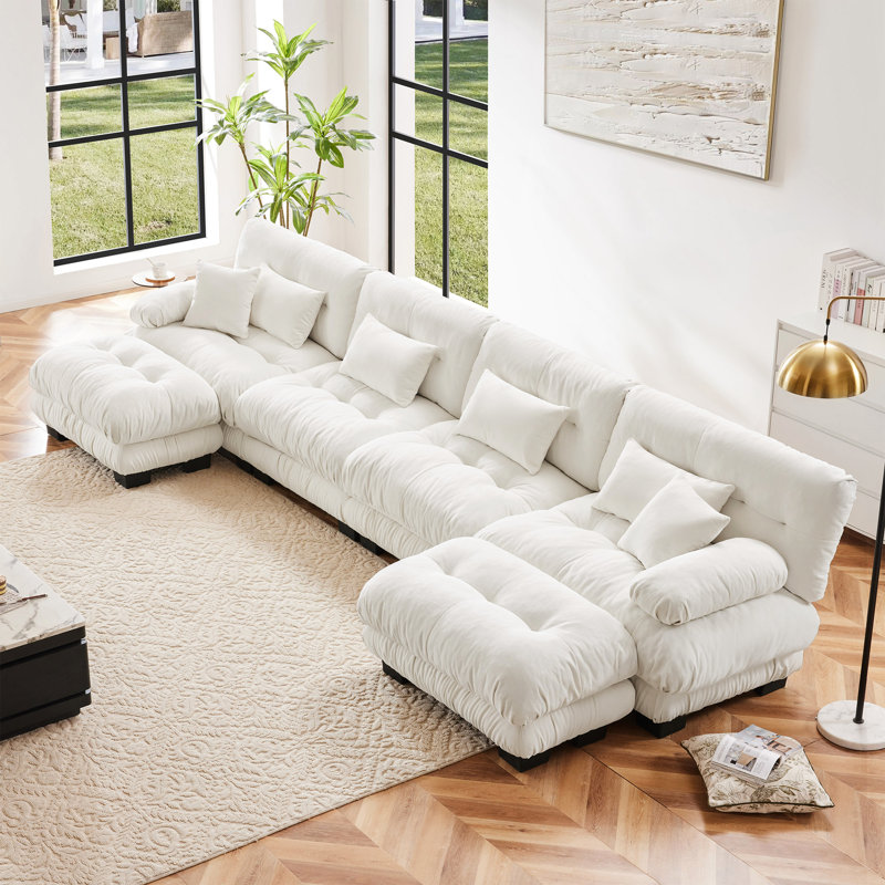 Chenille 4 U en forme de U - avec 2 repose-pieds confortables en blanc pour une personnalisation de l'espace polyvalent élégant du canapé