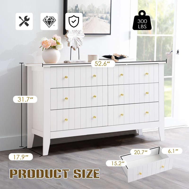 Commode 6 tiroirs blanche pour chambre à coucher, commode 52 po avec planches épaisses, double rangement de tiroir en bois