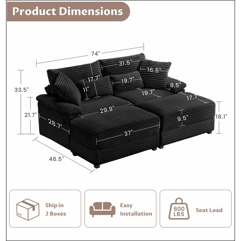 Ensemble de méridienne double avec repose-pieds réversible en velours côtelé doux, repose-pieds de rangement, port USB, siège / table multifonctionnel (coussin convertible à convertir), pour le salon