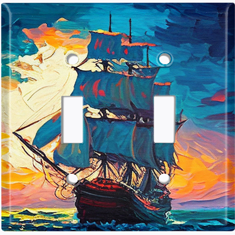 Plaque murale d'interrupteur à bascule Rustic Sea Ship Boat Sunrise Ocean 2-Gang