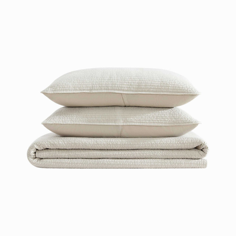 Nautica Seashore Stitch Solid Cotton Quilt Set, Beige, King Quilt + 2 King Shams