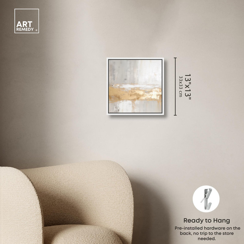«Melted Gold Scape III» par Art Remedy, H 13 po x l 13 po, Cadre flottant, Blanc