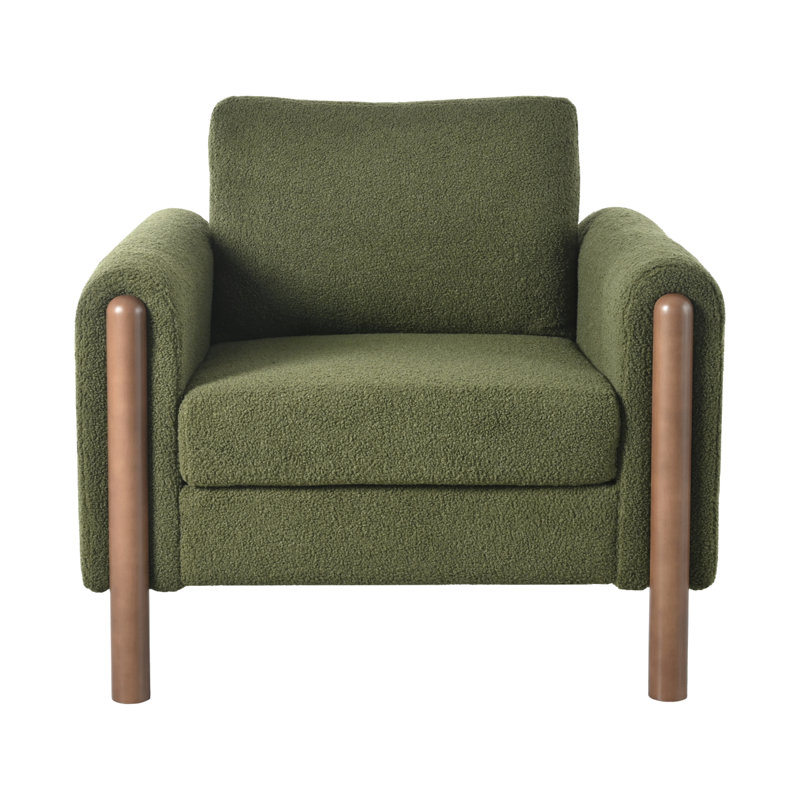 Elara Modern Oversized Upholstered Accent Chair with Curved Handrail and Wooden Legs, Green Teddy, 1