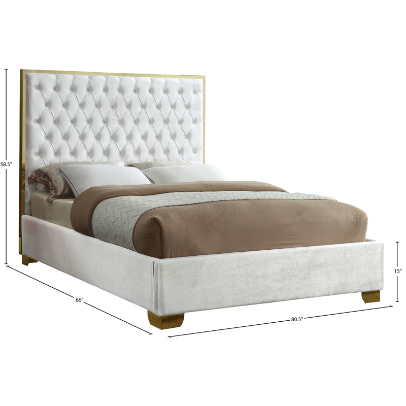 Lit plateforme tapissier capitonné Spadaro, Très grand, Velours blanc, Or