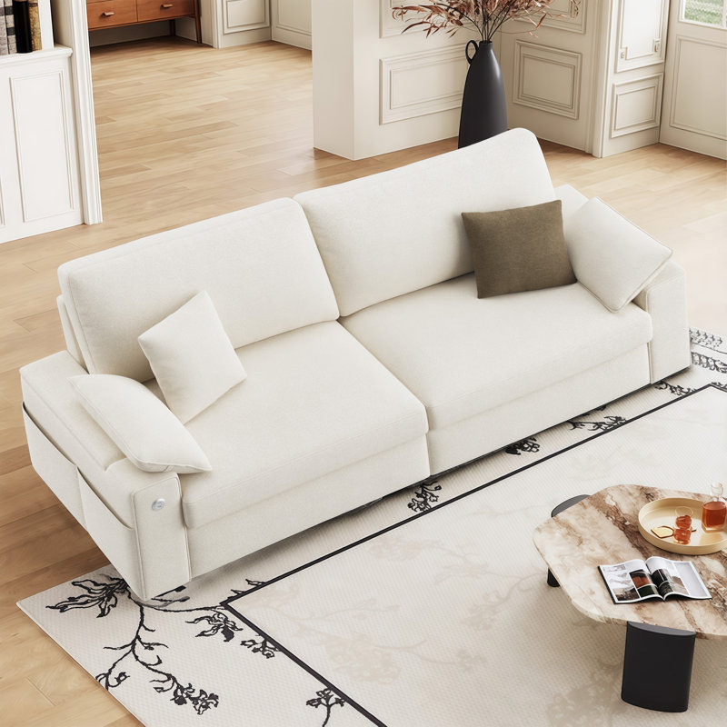 Canapé spacieux en tissu 2 places avec rangement pour accoudoirs rabattable et charge rapide USB / Type-C, Beige
