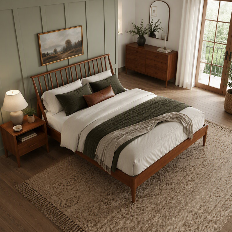 Cadre de lit plateforme en bambou massif de style bohémien | Tête de lit de 46,5 po de hauteur, lit Mid-Century moderne avec lattes en bois et support en métal