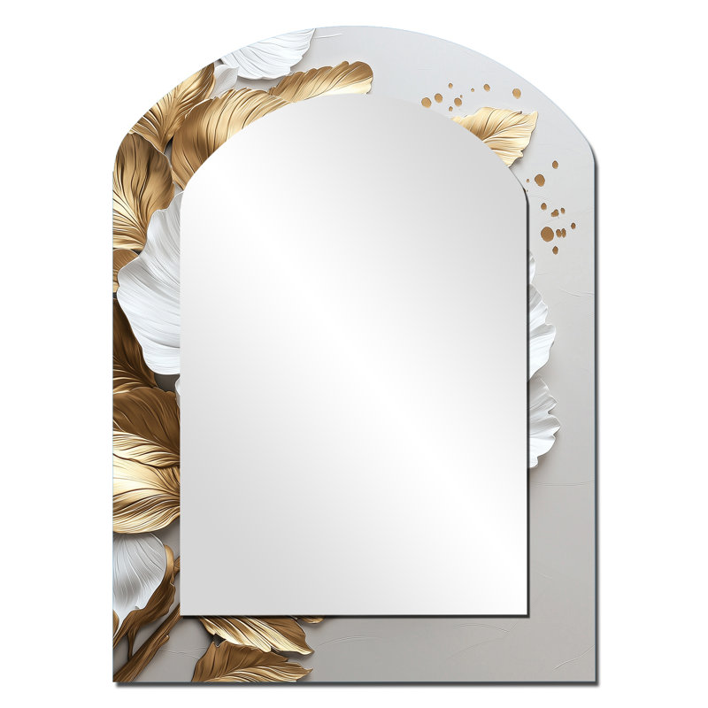 Or doré marbre blanc pivoine I - miroir asymétrique pivoine, miroir mural décoratif arqué doré, impression d'art en métal