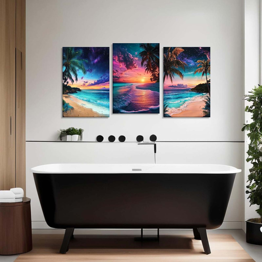 Beach Canvas Wall Art 3 Piece Palm Tree Picture Sunset Seascape Painting Ocean Prints Modern Artwork For Living Room Bathroom Wall Decor Framed(Art-2,