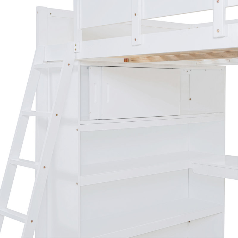 Lit mezzanine avec bureau et tablette de rangement, Blanc