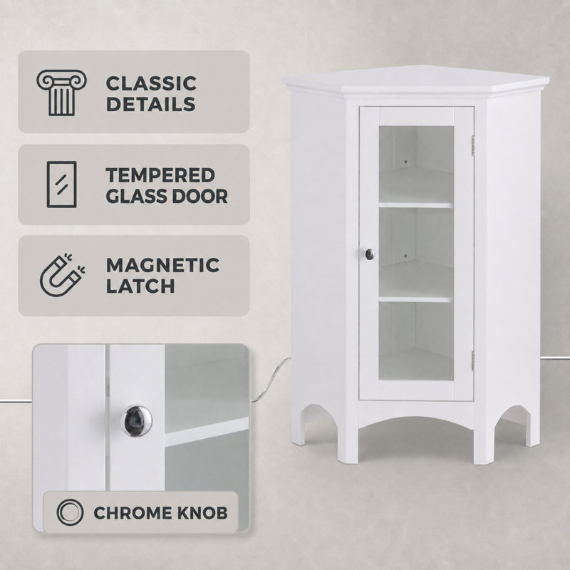 Allare Corner Floor Cabinet, 2 Adjustable Shelves, Glass Door, 32in Freestanding White Storage Cabinet for Bathroom and Living Room Storage