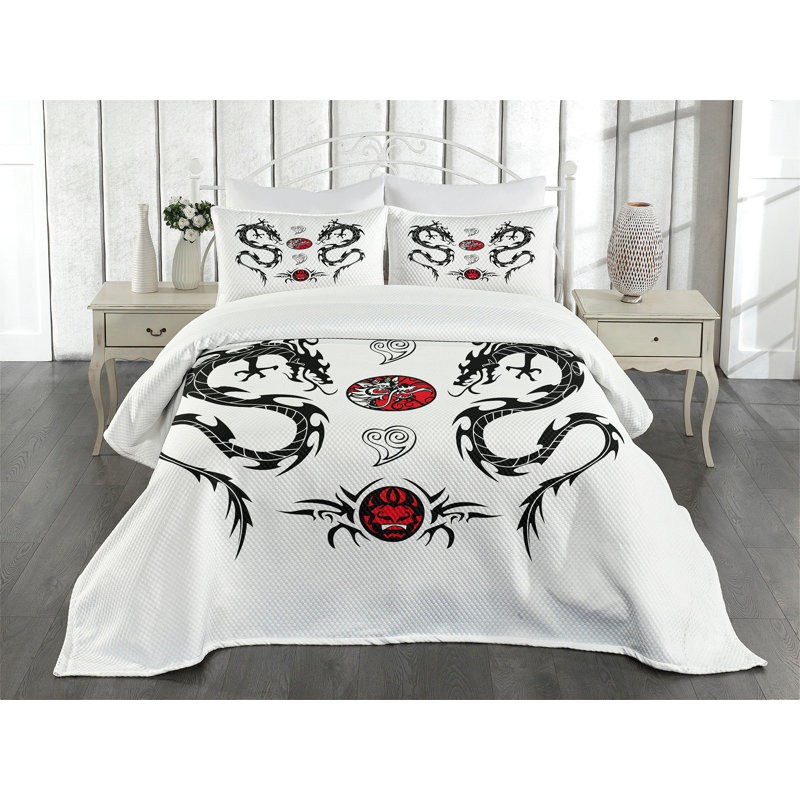 Ambesonne Dragon Bedspread Set  Tattoo  Black White Red, King Coverlet / Bedspread + 2 Standard Shams
