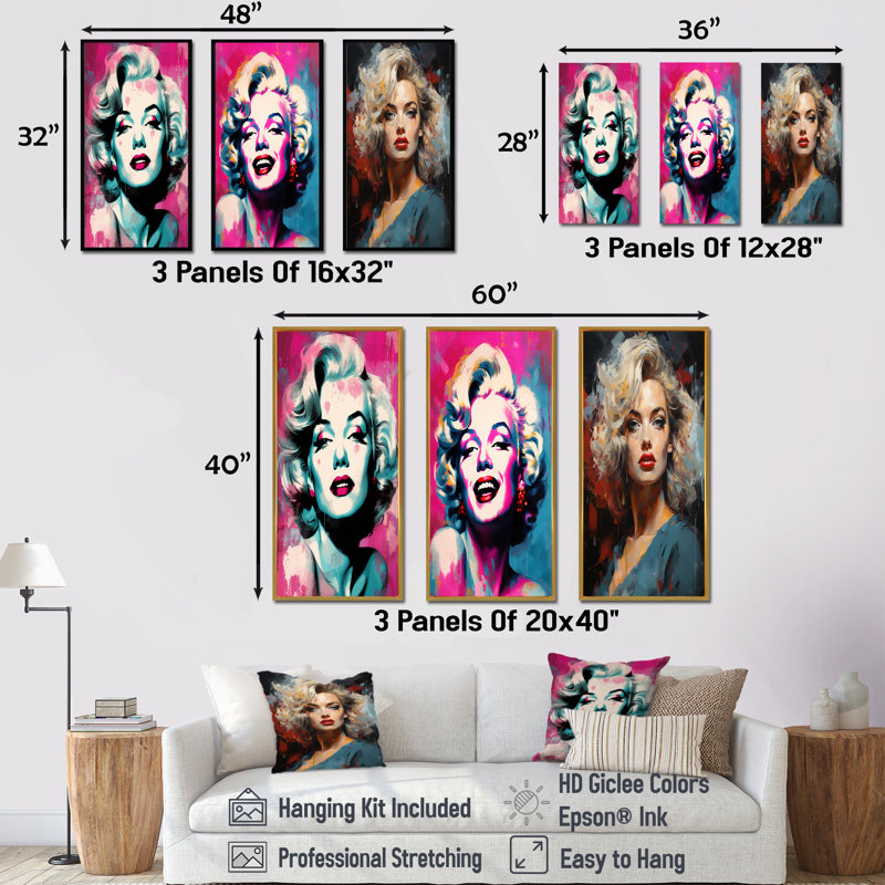 Magenta Monroe Popart Portrait, H 40 po x l 60 po, Cadre flottant blanc