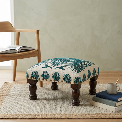 Bohemian Embroidered Upholstered Footstool 16 x 16 x 8"