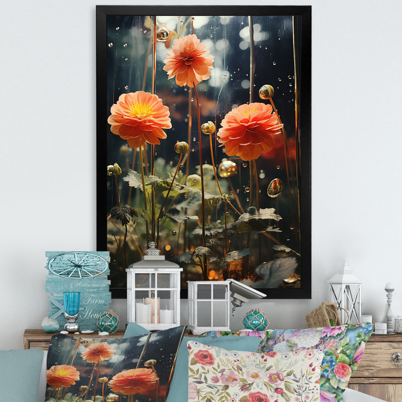 "Fleurs de zinnias orange et vertes", Cadre flottant blanc, H 20 po x l 12 po x P 1 po
