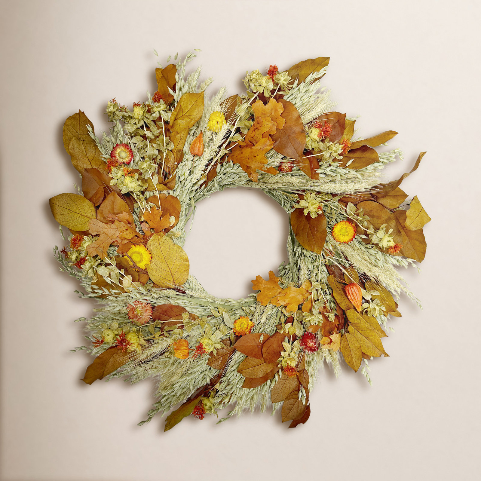 Preserved Leaves and Strawflowers Fall Wreath