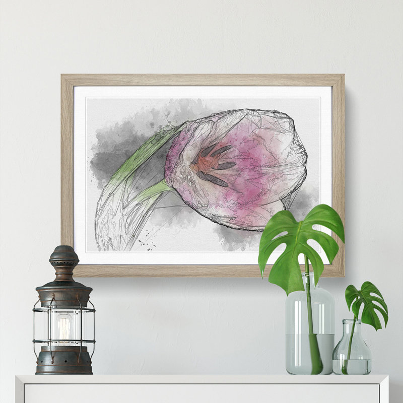 Pink Tulip Sketch - Picture Frame Graphic Art Print, 40cm H x 60cm W x 2cm D, Oak Framed
