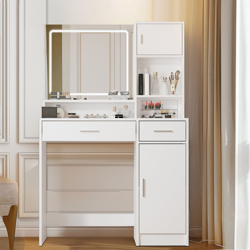 Vanity Desk With Mirror And LED Light Strip,Dressing Table With Large Drawer, 3 Level Storage Dresser & 3 Lighting Modes Adjustable Brightness
