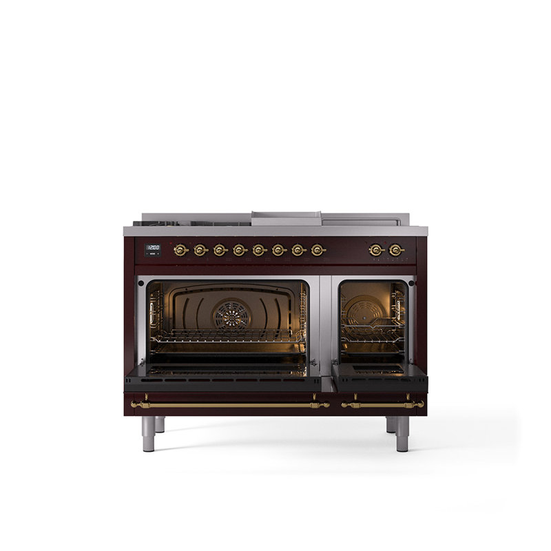 ILVE Nostalgie II 48 Dual Fuel Range, Liquid Propane, Burgundy/Brass