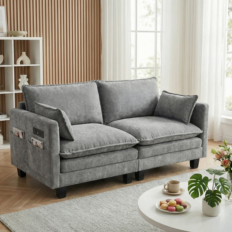 Canapé moderne en chenille grise, causeuse 2 places avec deux ports USB, canapé compact pour la maison, Gris 2