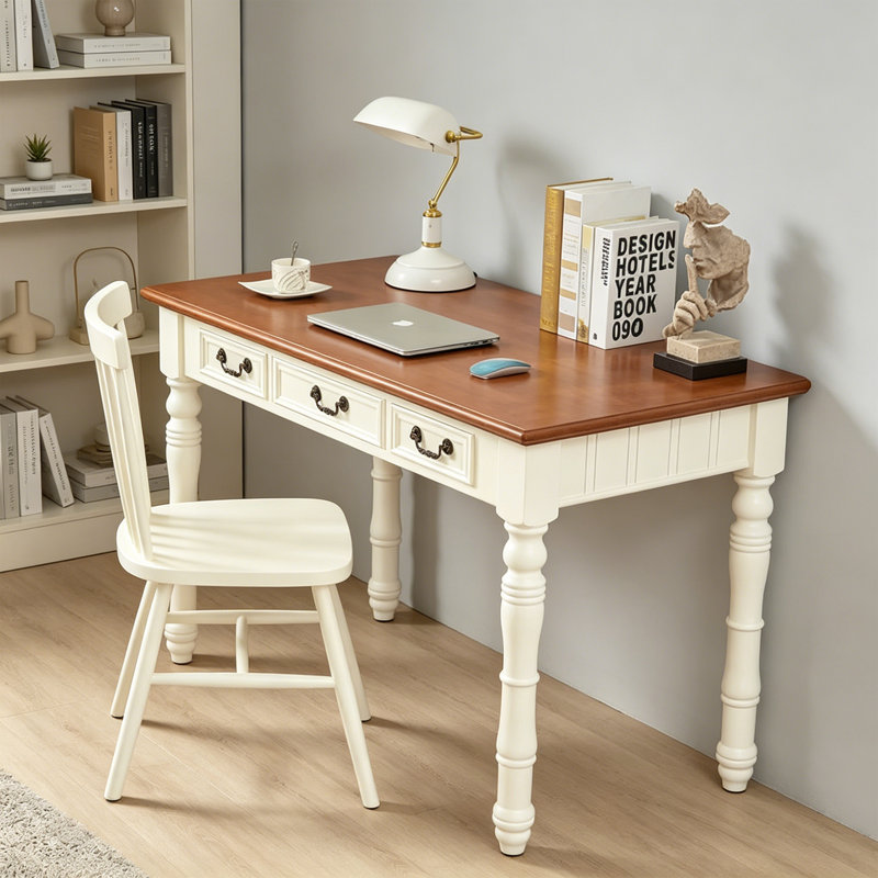 Bureau d'écriture rectangulaire en bois massif rétro blanc