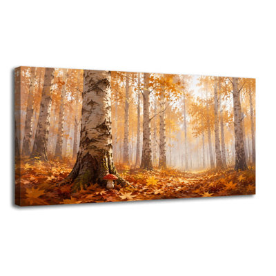 Toile, art mural forêt d'automne, bouleaux rouges, décoration murale champignon pour salle de bain, bureau de chambre à coucher, H 20 po x l 40 po, prêt à accrocher