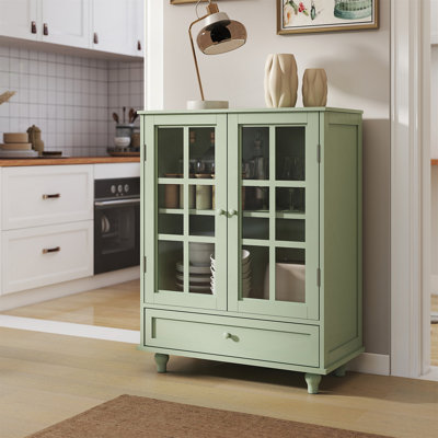Farmhouse Buffet Cabinet With Drawers & Glass Doors, Mint Green