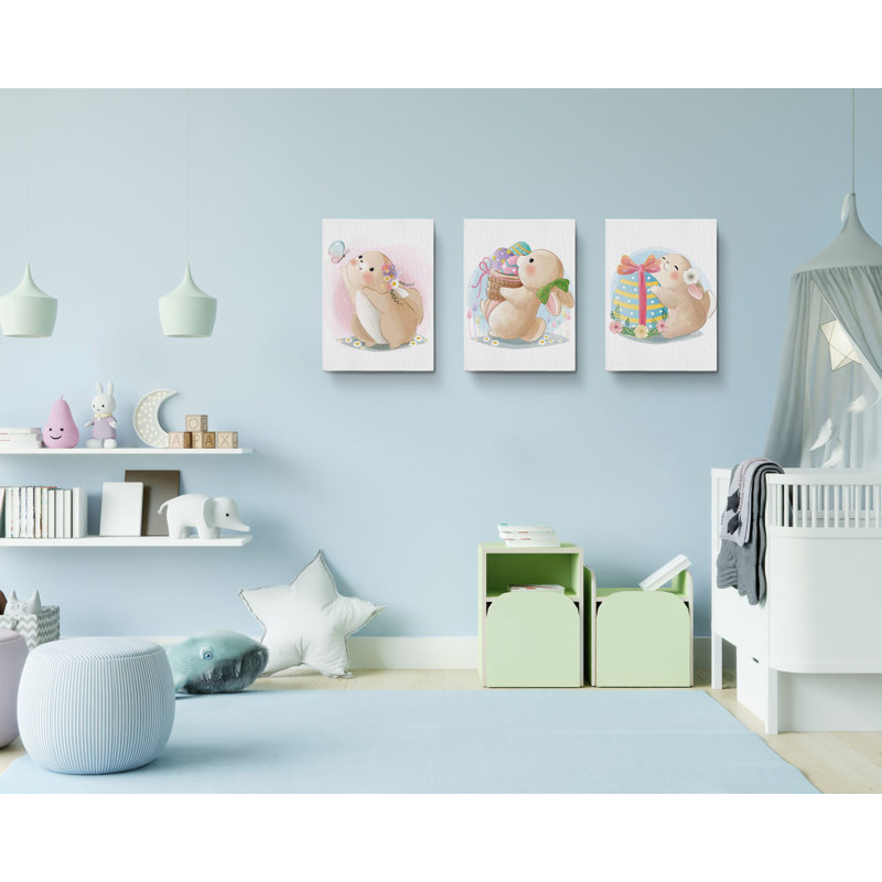 Mignon dessin de lapins de Pâques - ensemble de 3 impressions sur toile tendue, H 24 po x l 48 po x P 1,5 po