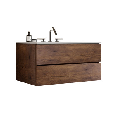 Meuble-lavabo mural 36 po, blanc + noyer, lavabo en céramique, 3 trous de robinet, rangement généreux, tiroir à montage silencieux 36 po blanc + combinaison noyer, compartiment de rangement abondant, trois mécanismes