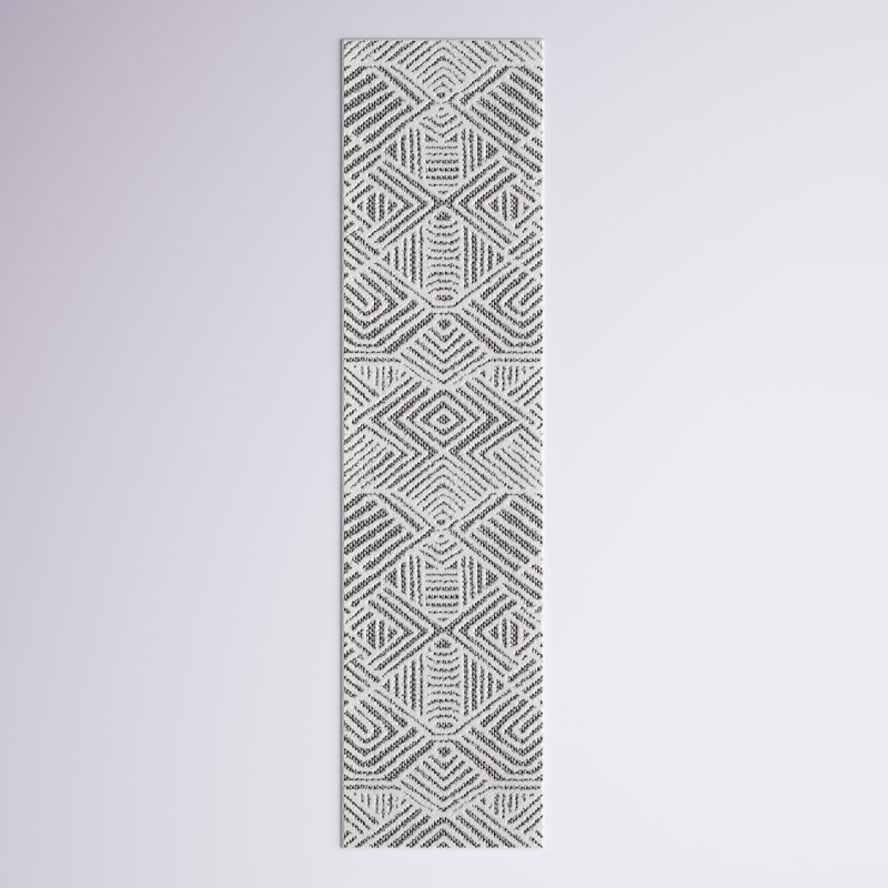 Tapis intérieur / extérieur blanc / noir à motif géométrique à poils longs et courts Raphael, Tapis de couloir 2 pi x 8 pi